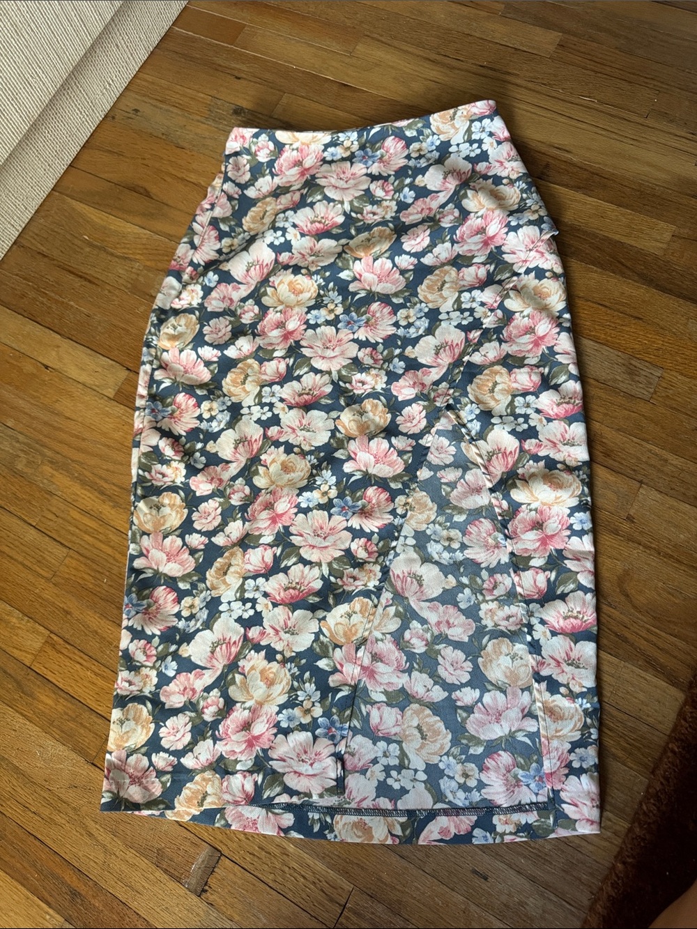 Abercrombie & Fitch Floral Midi Floral Skirt with Side Slit - Blue, Pink & Cream